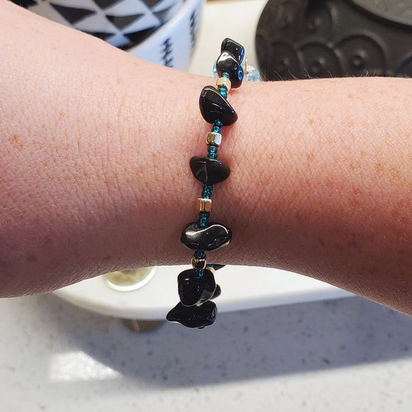 Hematite Gemstone w/ Gold & Teal Beaded Bangle Set - Picture 8 of 9